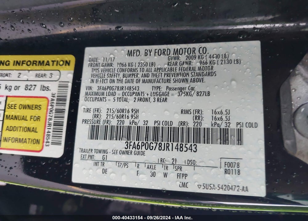 2018 FORD FUSION S VIN: 3FA6P0G78JR148543
