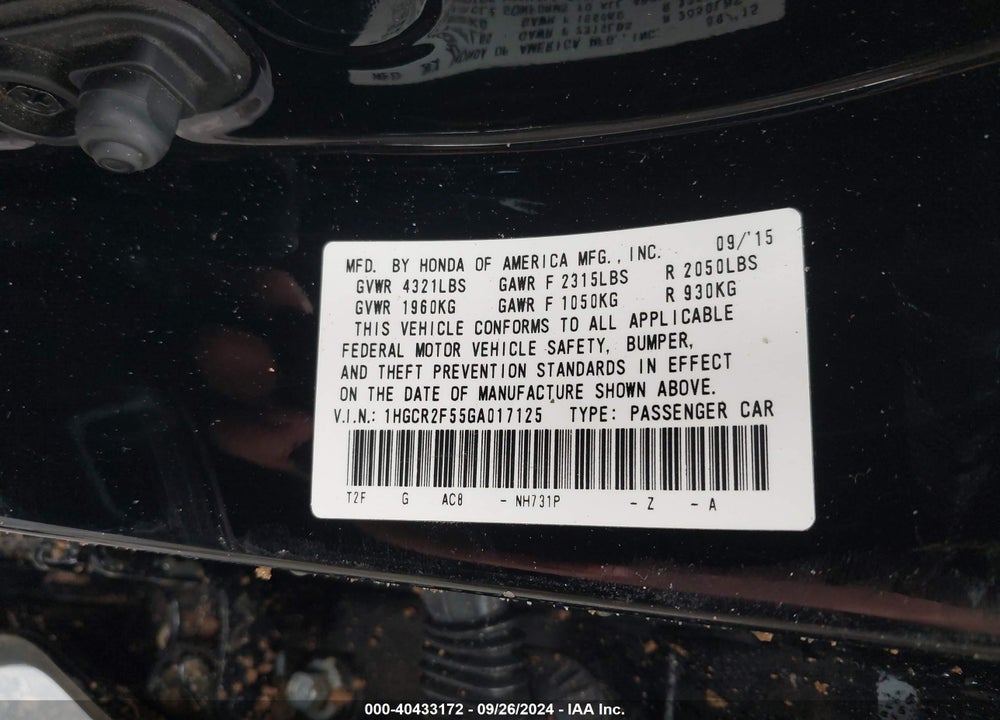 2016 HONDA ACCORD SPORT VIN: 1HGCR2F55GA017125