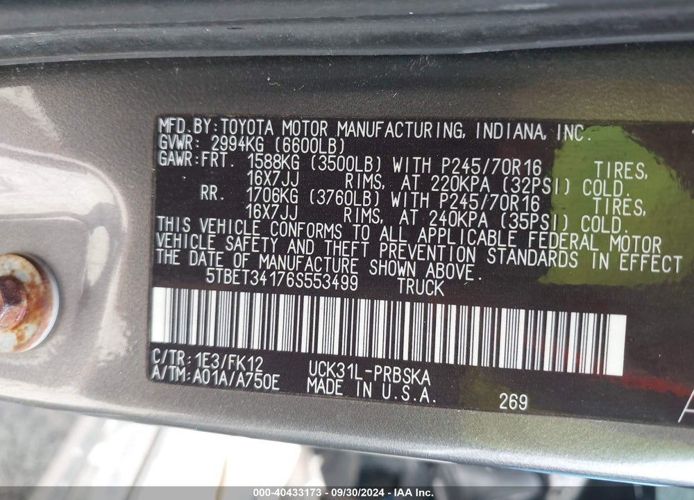 2006 TOYOTA TUNDRA SR5 V8 VIN: 5TBET34176S553499
