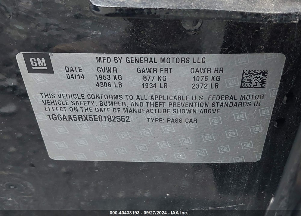 2014 CADILLAC ATS STANDARD VIN: 1G6AA5RX5E0182562