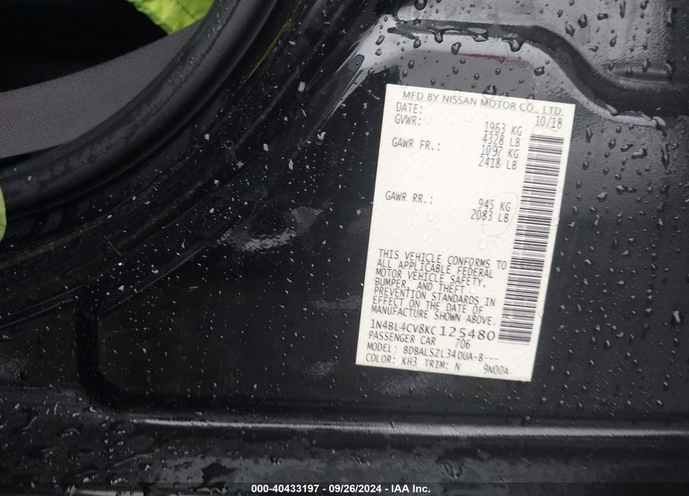 2019 NISSAN ALTIMA 2.5 SR VIN: 1N4BL4CV8KC125480