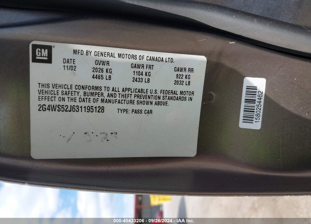 2003 BUICK CENTURY CUSTOM VIN: 2G4WS52J631195128