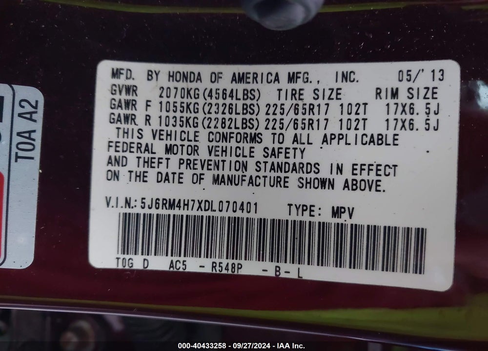 2013 HONDA CR-V EX-L VIN: 5J6RM4H7XDL070401