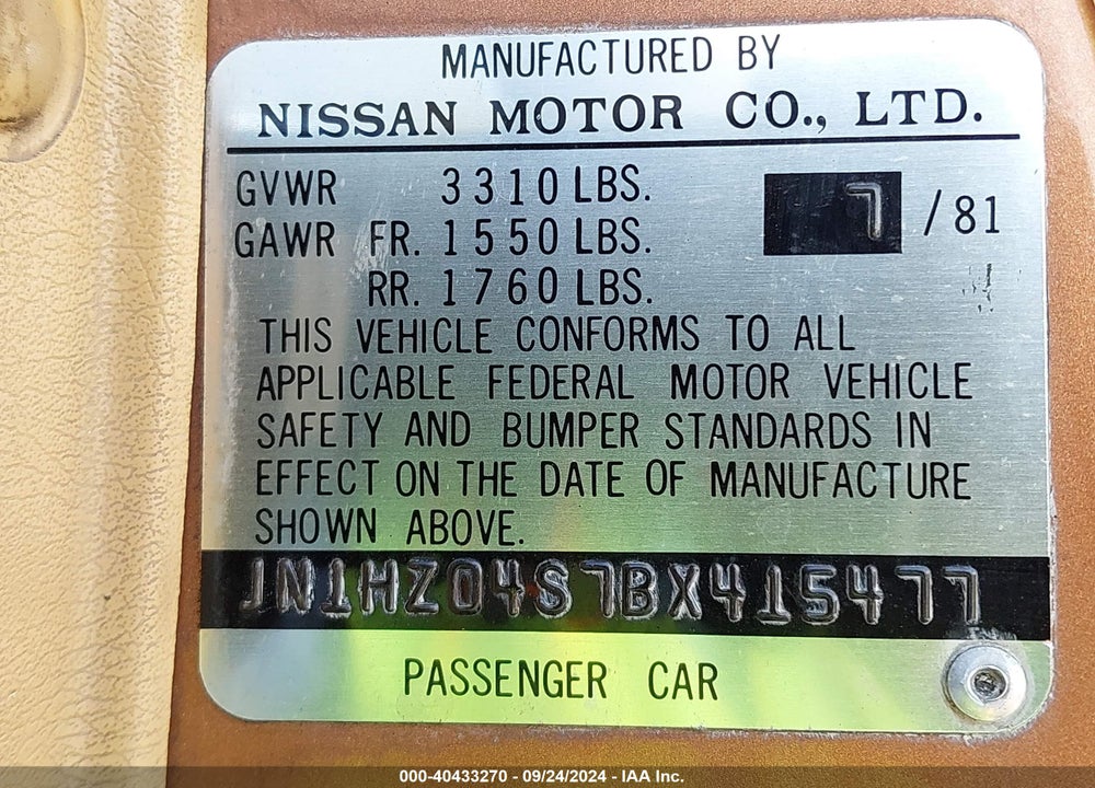 1981 DATSUN 280ZX VIN: JN1HZ04S7BX415477