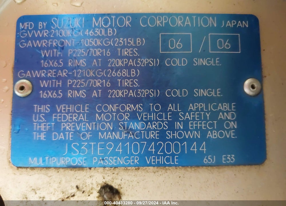 2007 SUZUKI GRAND VITARA VIN: JS3TE941074200144