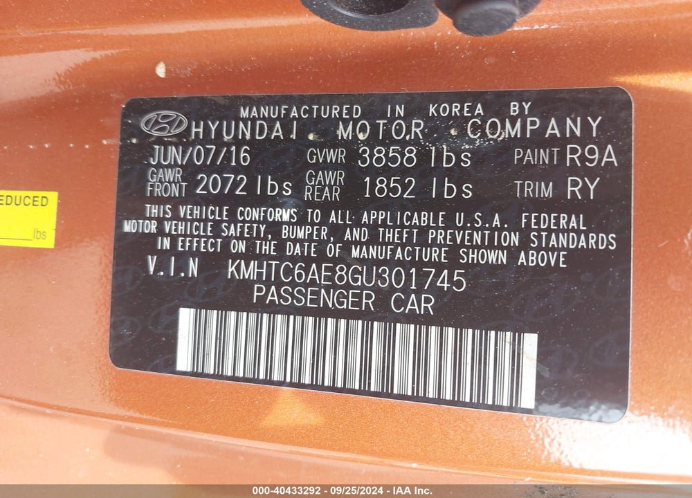 2016 HYUNDAI VELOSTER TURBO VIN: KMHTC6AE8GU301745