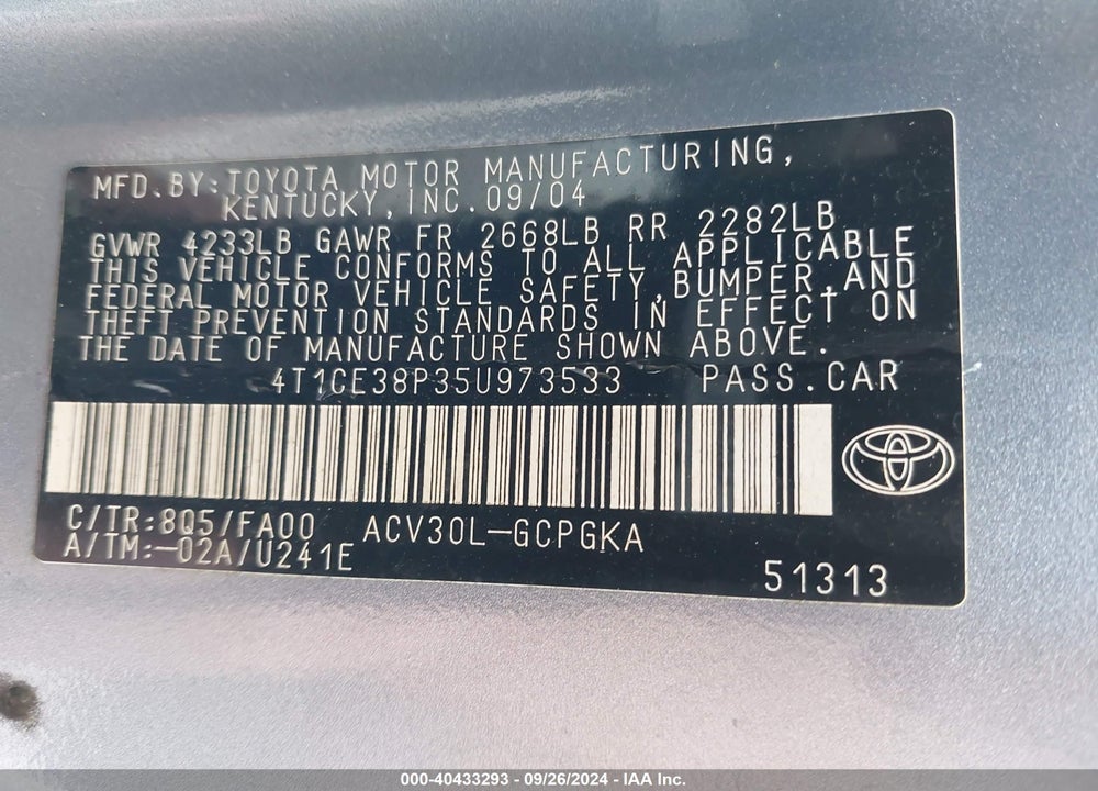 2005 TOYOTA CAMRY SOLARA SLE VIN: 4T1CE38P35U973533