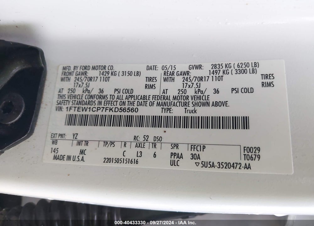 2015 FORD F150 VIN: 1FTEW1CP7FKD56560
