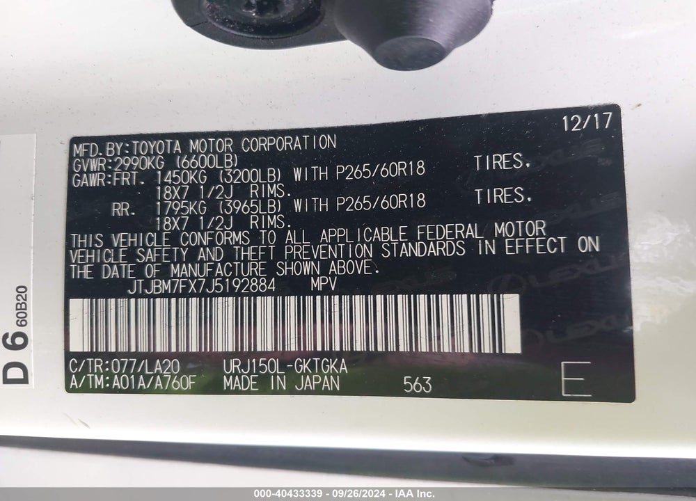 2018 LEXUS 460 VIN: JTJBM7FX7J5192884