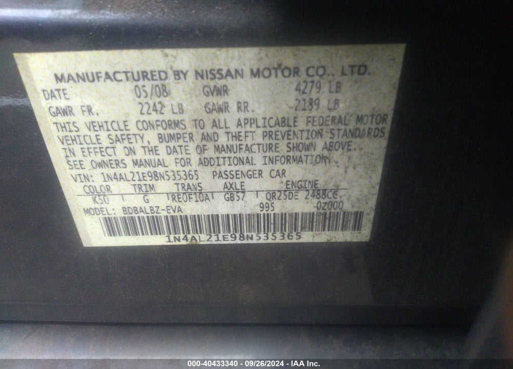 2008 NISSAN ALTIMA 2.5 S VIN: 1N4AL21E98N535365