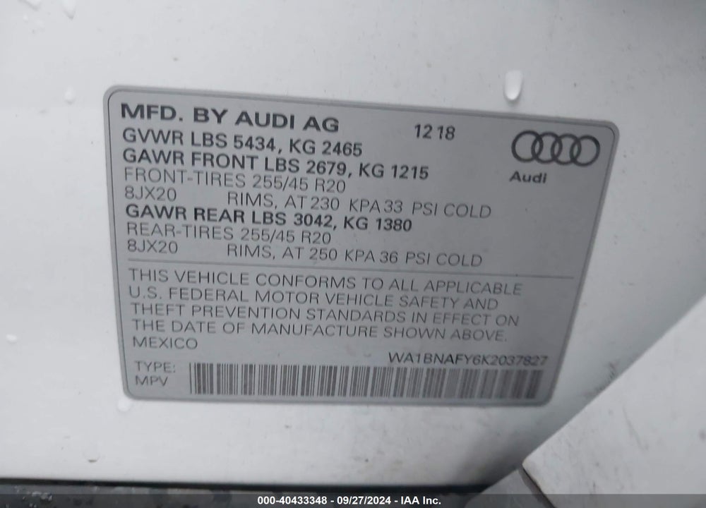 2019 AUDI Q5 45 PREMIUM VIN: WA1BNAFY6K2037827