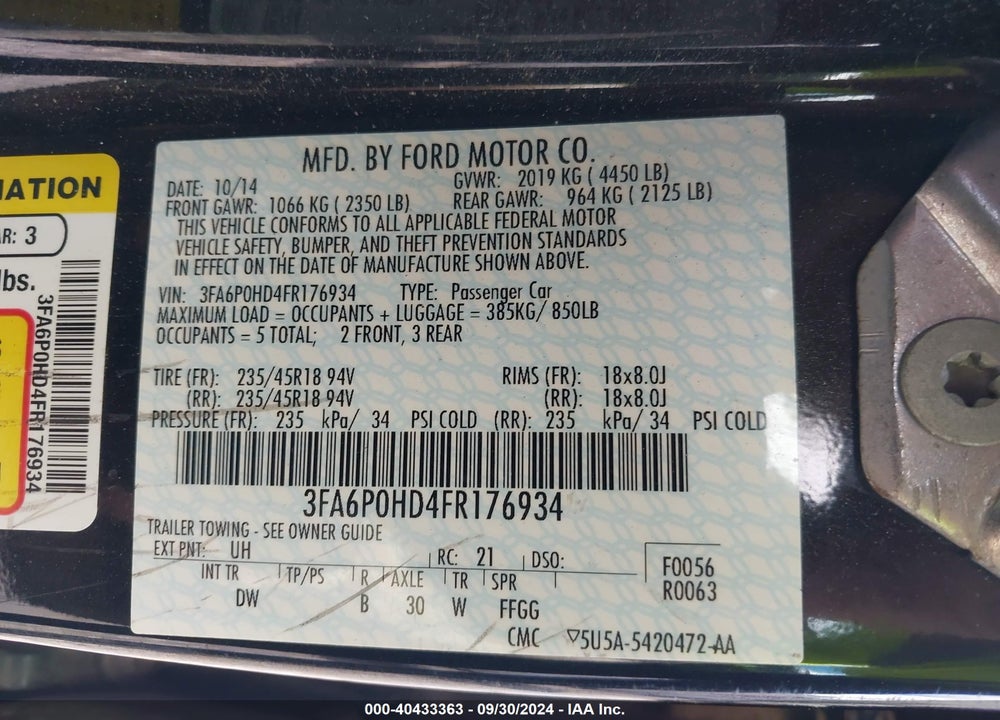 2015 FORD FUSION SE VIN: 3FA6P0HD4FR176934