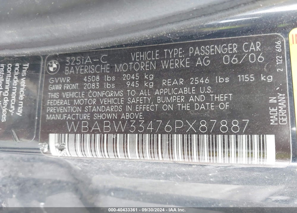 2006 BMW 325CI VIN: WBABW33476PX87887