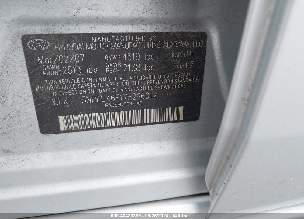 2007 HYUNDAI SONATA LIMITED/SE V6 VIN: 5NPEU46F17H296012