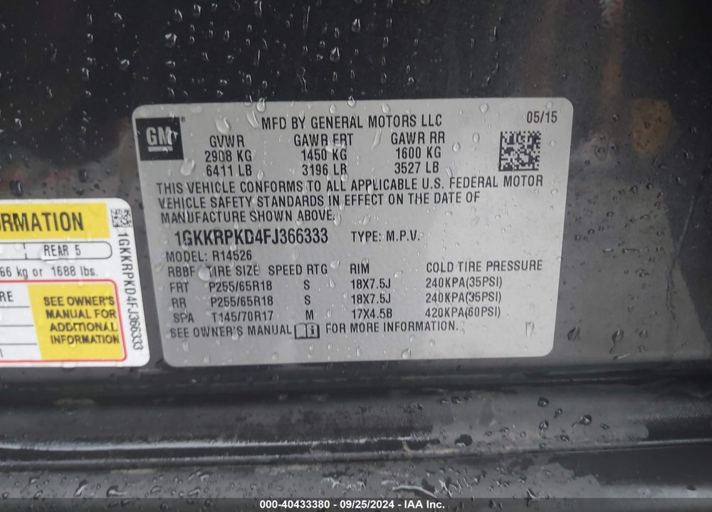 2015 GMC ACADIA SLE-2 VIN: 1GKKRPKD4FJ366333