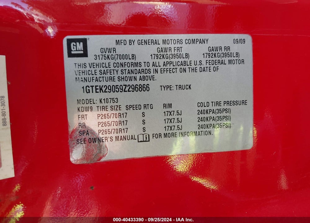 2009 GMC SIERRA 1500 SLE VIN: 1GTEK29059Z296866