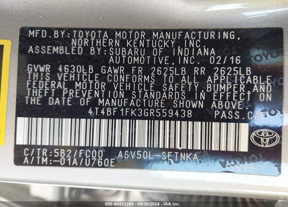 2016 TOYOTA CAMRY LE VIN: 4T4BF1FK3GR559438