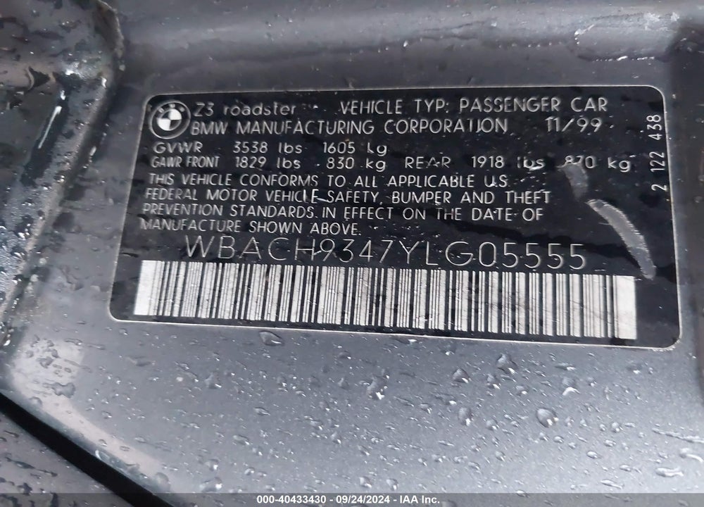 2000 BMW Z3 2.3 VIN: WBACH9347YLG05555