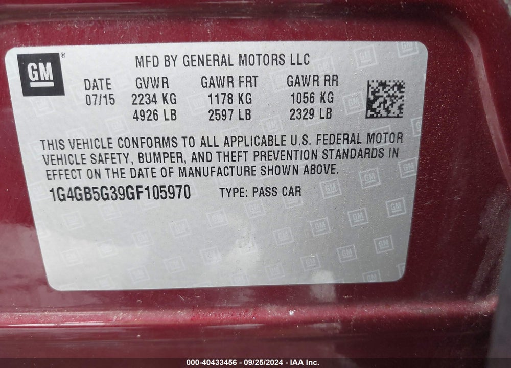 2016 BUICK LACROSSE LEATHER VIN: 1G4GB5G39GF105970