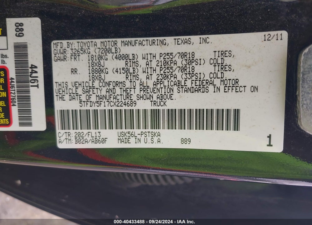 2012 TOYOTA TUNDRA GRADE 5.7L V8 VIN: 5TFDY5F17CX224689