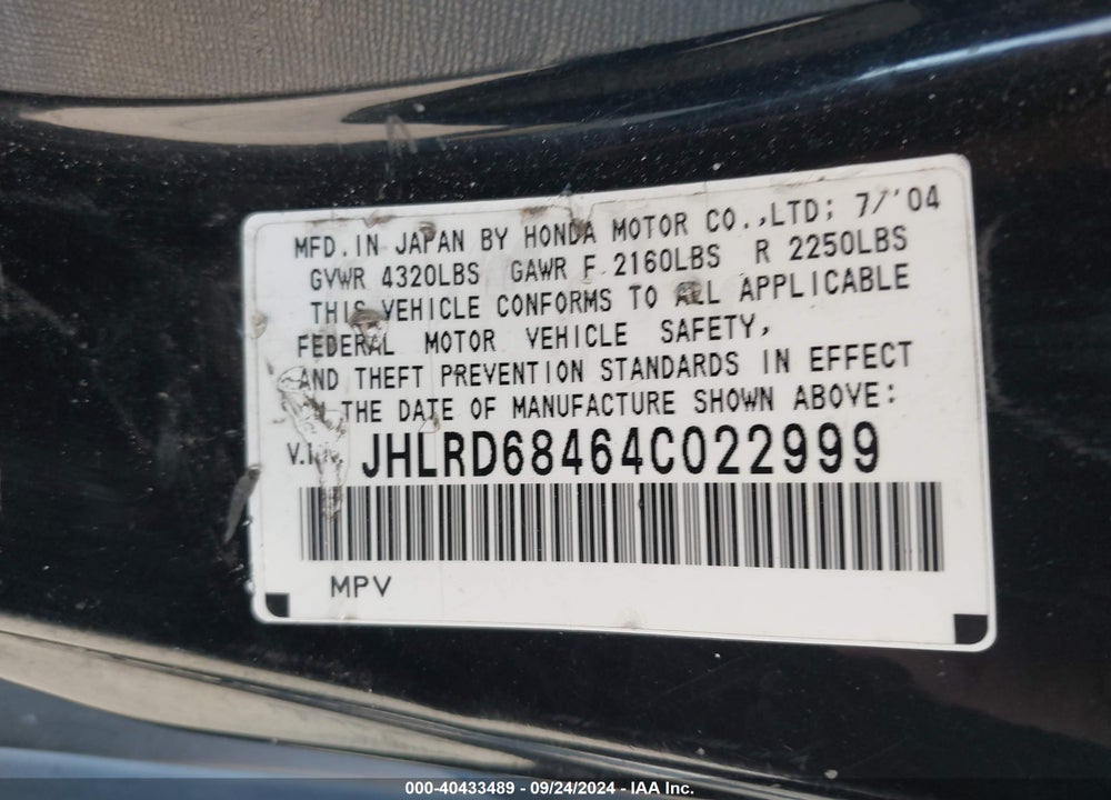 2004 HONDA CR-V LX VIN: JHLRD68464C022999