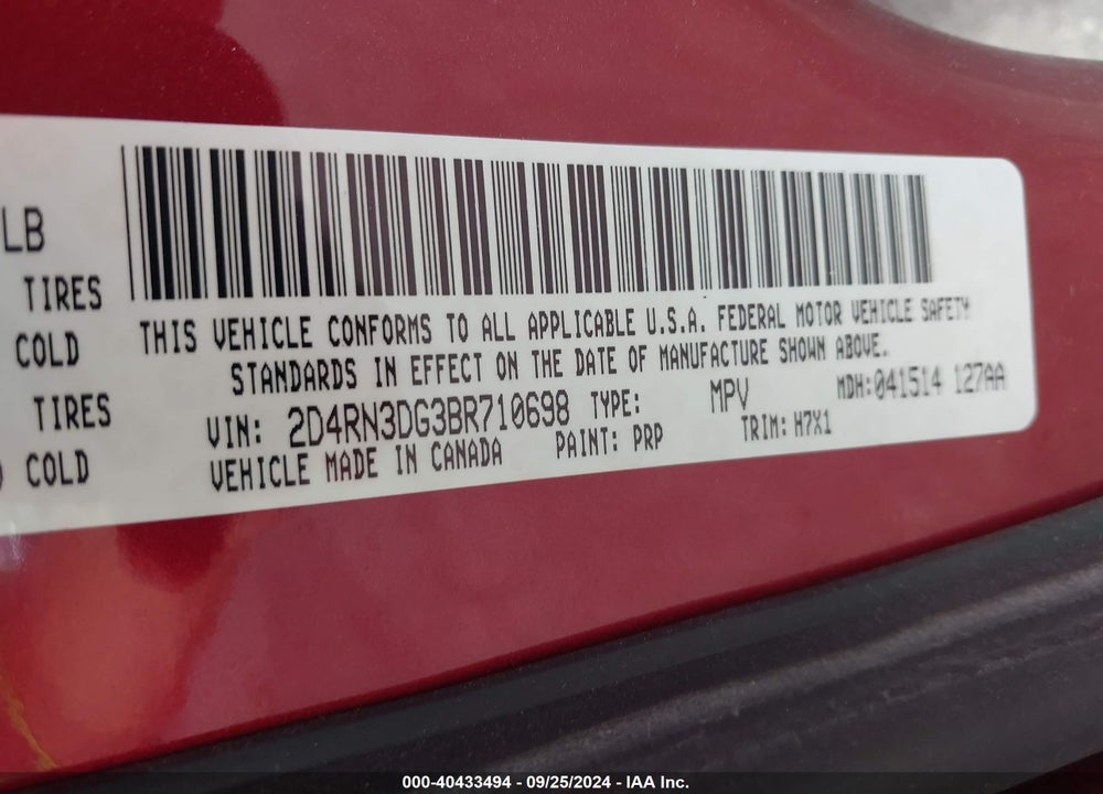 2011 DODGE GRAND CARAVAN MAINSTREET VIN: 2D4RN3DG3BR710698