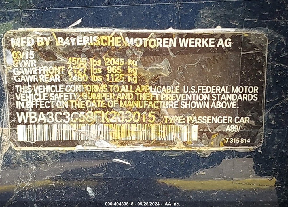 2015 BMW 320I XDRIVE VIN: WBA3C3C58FK203015