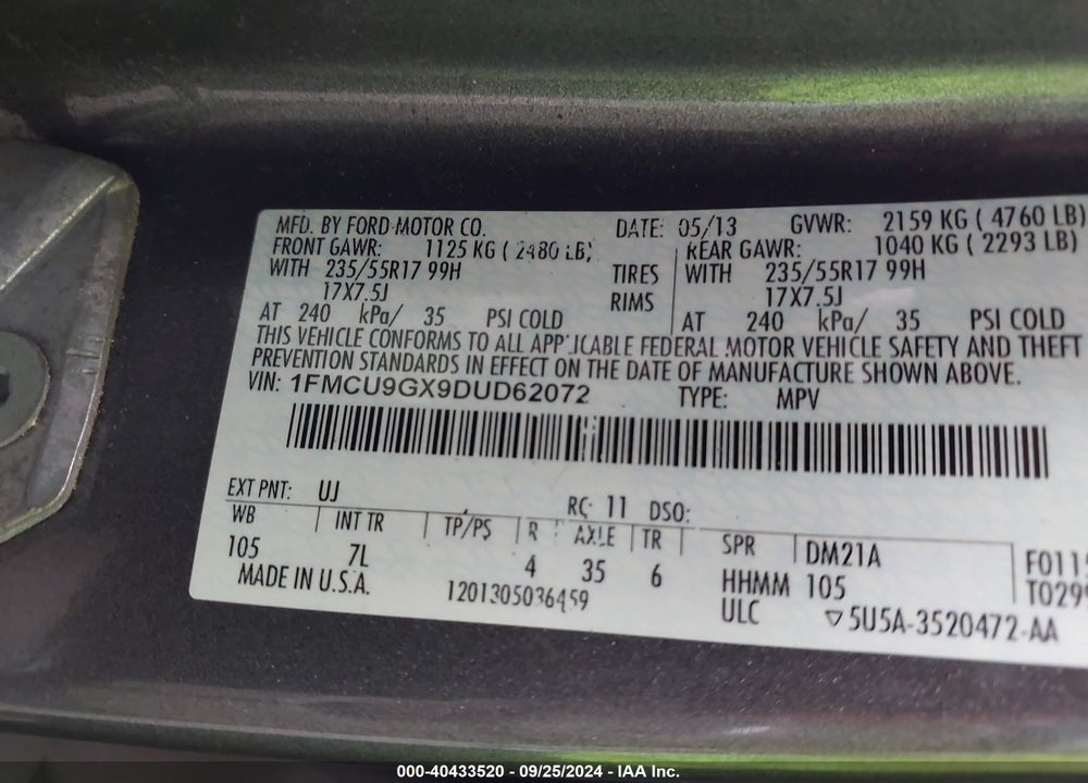 2013 FORD ESCAPE SE VIN: 1FMCU9GX9DUD62072