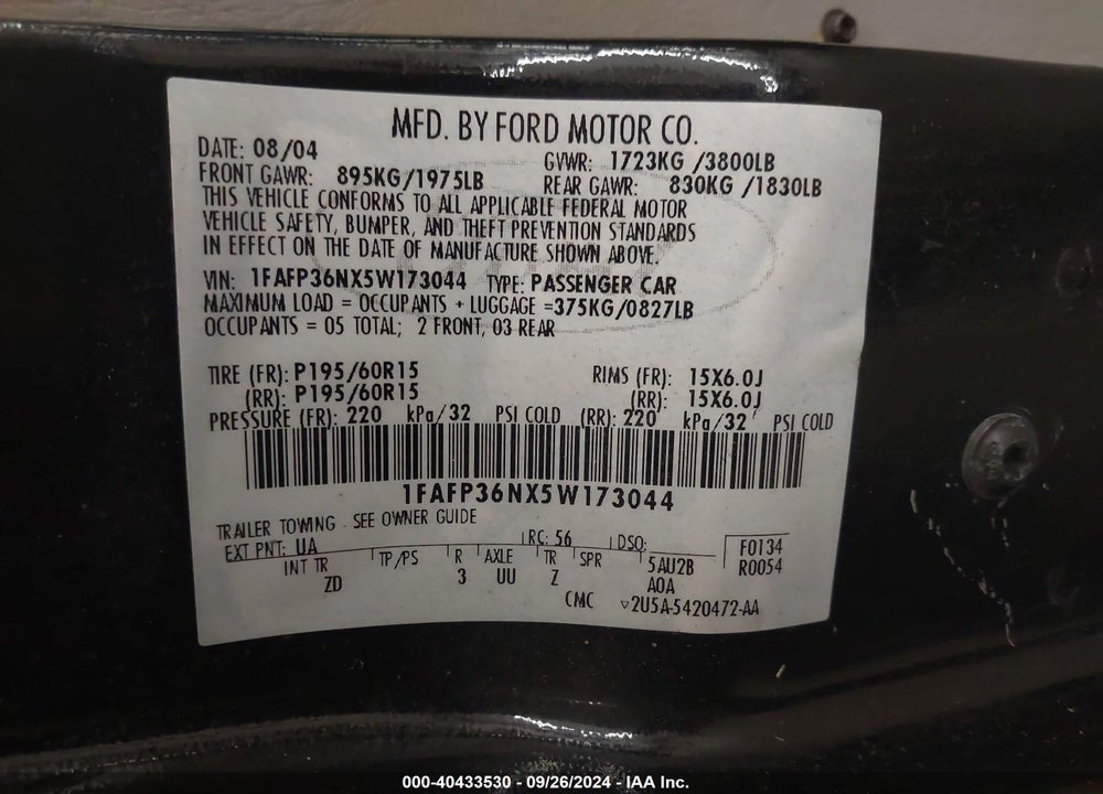 2005 FORD FOCUS ZXW VIN: 1FAFP36NX5W173044