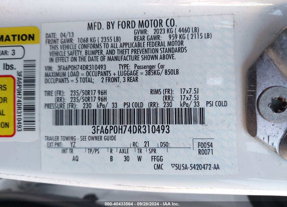 2013 FORD FUSION SE VIN: 3FA6P0H74DR310493