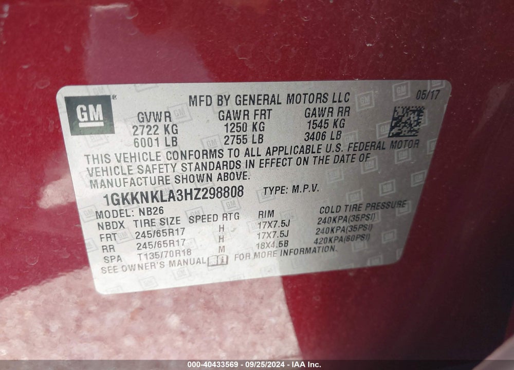 2017 GMC ACADIA SLE-1 VIN: 1GKKNKLA3HZ298808