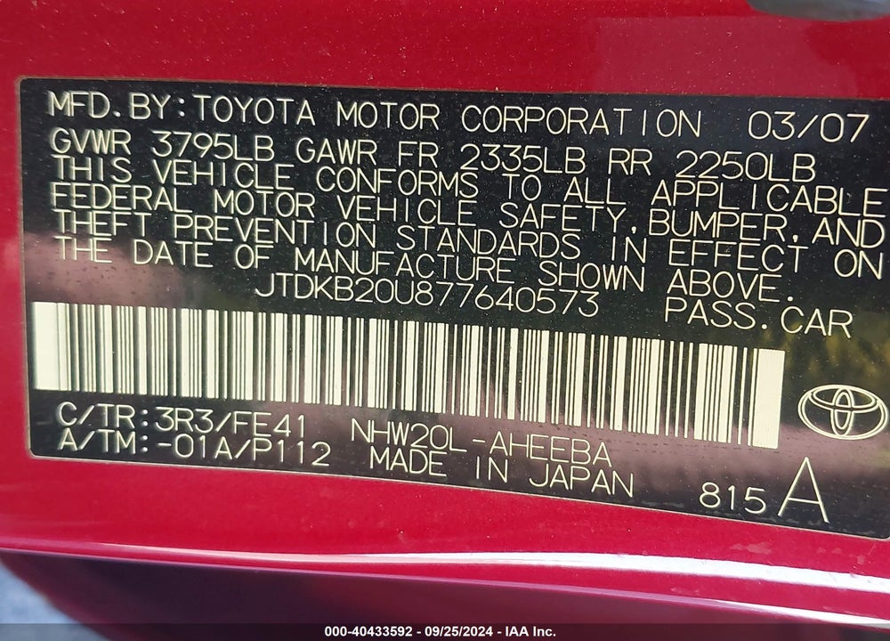2007 TOYOTA PRIUS VIN: JTDKB20U877640573