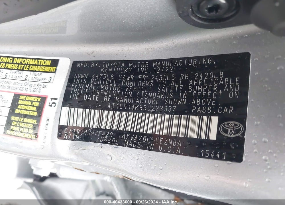 2024 TOYOTA CAMRY LE VIN: 4T1C11AK6RU223337
