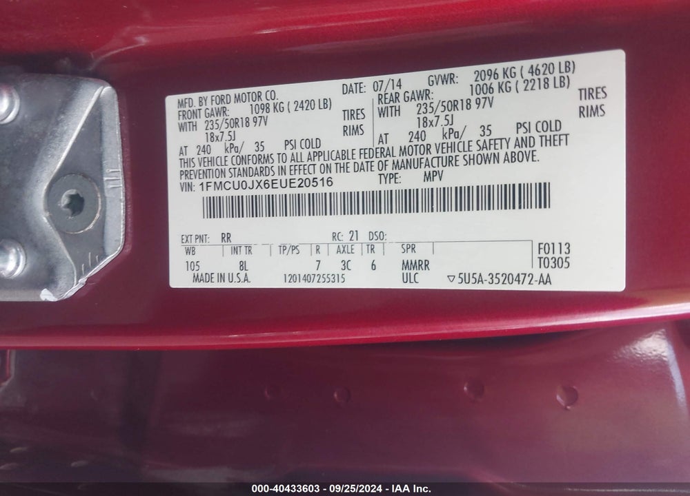 2014 FORD ESCAPE TITANIUM VIN: 1FMCU0JX6EUE20516