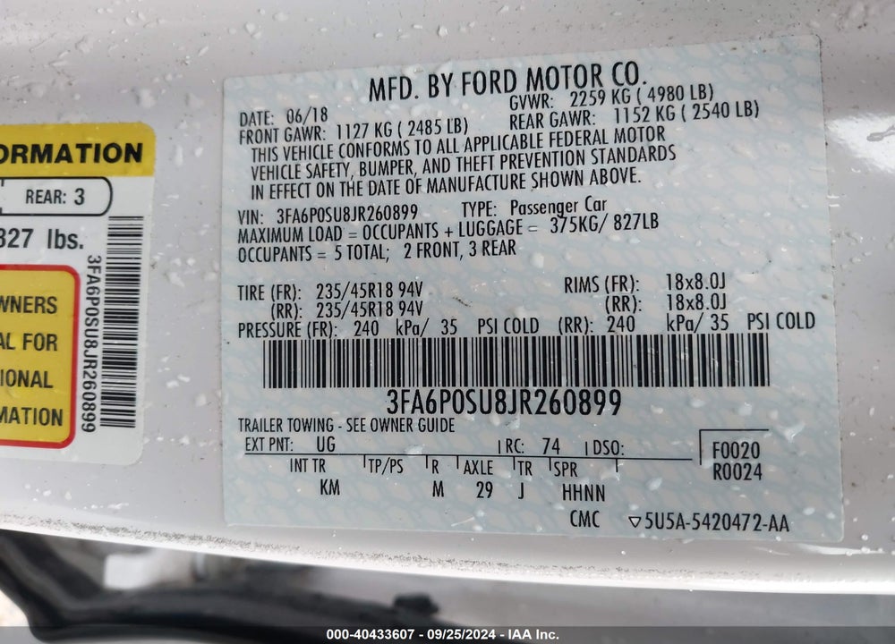 2018 FORD FUSION ENERGI VIN: 3FA6P0SU8JR260899