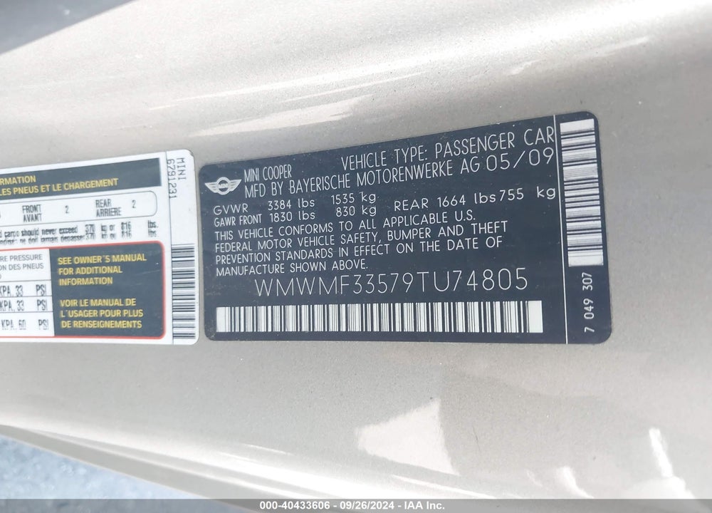 2009 MINI COOPER VIN: WMWMF33579TU74805