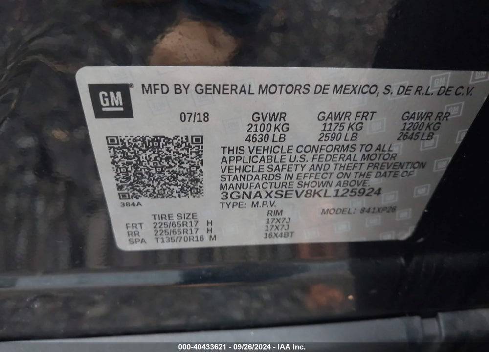 2019 CHEVROLET EQUINOX LS VIN: 3GNAXSEV8KL125924