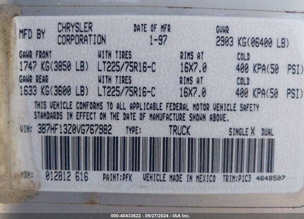 1997 DODGE RAM 1500 ST VIN: 3B7HF13Z0VG767982