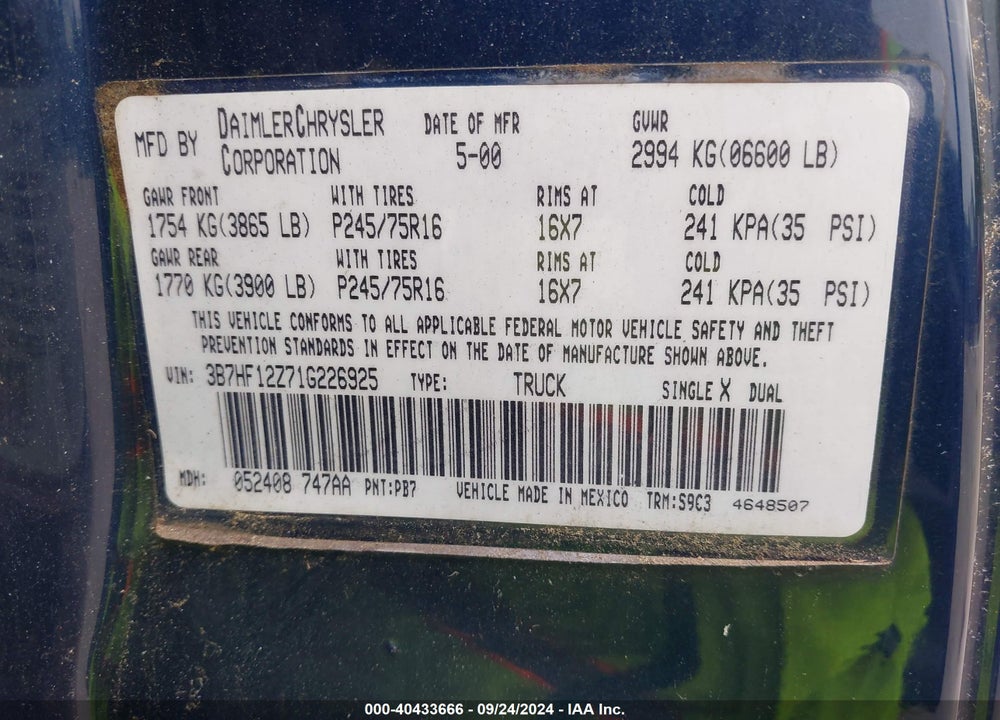 2001 DODGE RAM 1500 ST VIN: 3B7HF12Z71G226925