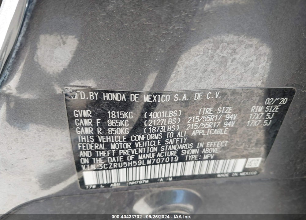 2020 HONDA HR-V 2WD EX VIN: 3CZRU5H59LM707019