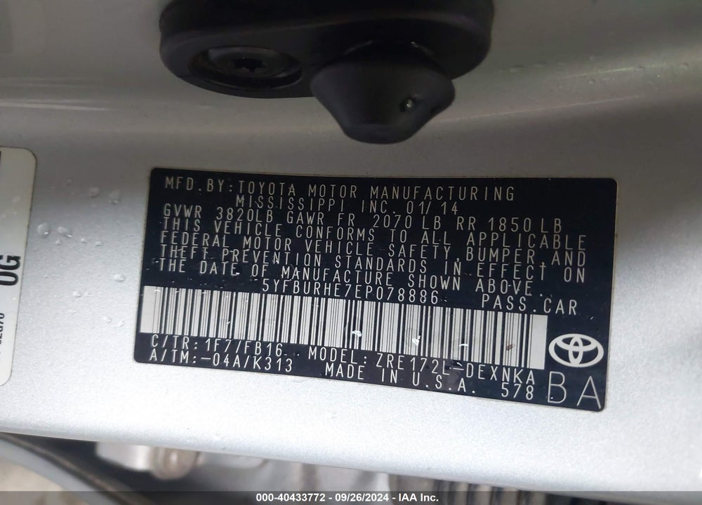 2014 TOYOTA COROLLA LE VIN: 5YFBURHE7EP078886