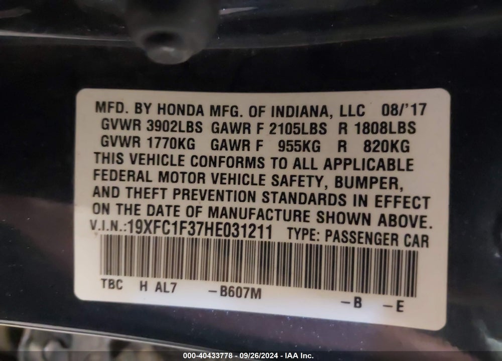 2017 HONDA CIVIC EX-T VIN: 19XFC1F37HE031211