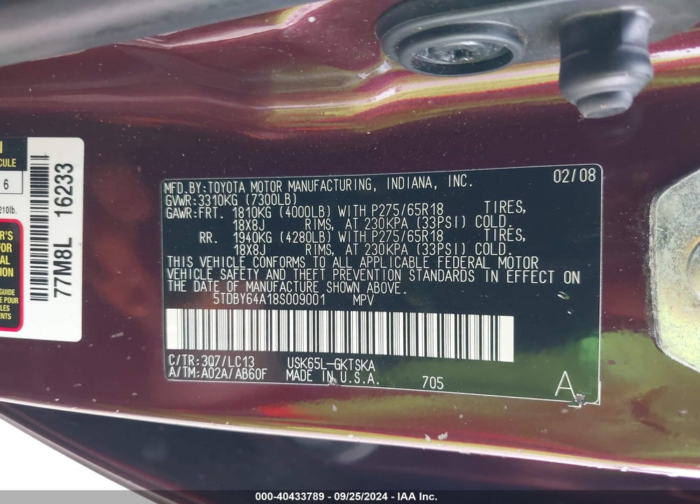2008 TOYOTA SEQUOIA SR5 5.7L V8 VIN: 5TDBY64A18S009001
