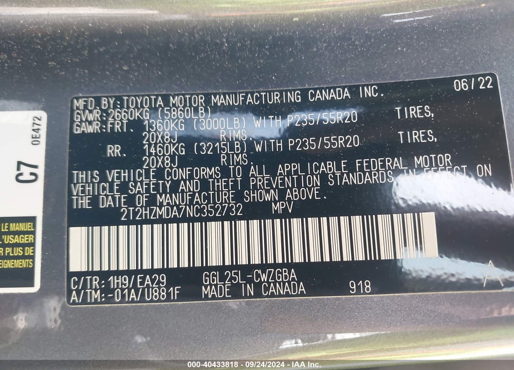 2022 LEXUS RX 350 VIN: 2T2HZMDA7NC352732