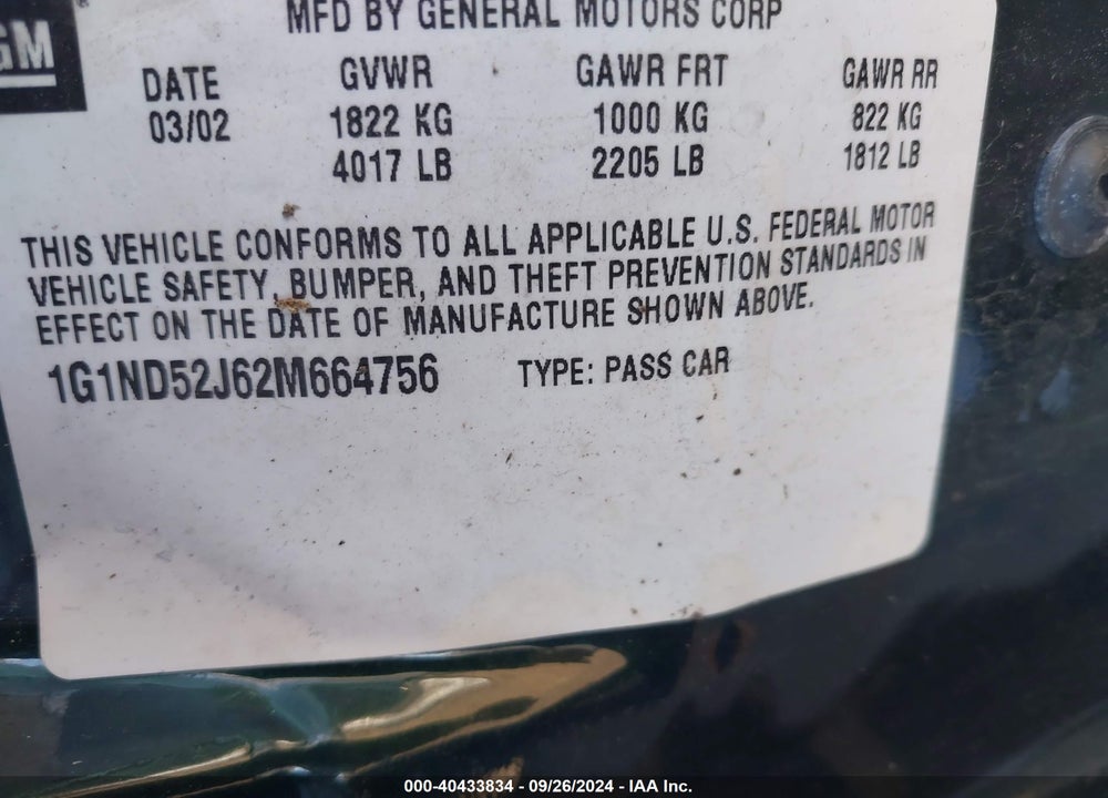 2002 CHEVROLET MALIBU VIN: 1G1ND52J62M664756
