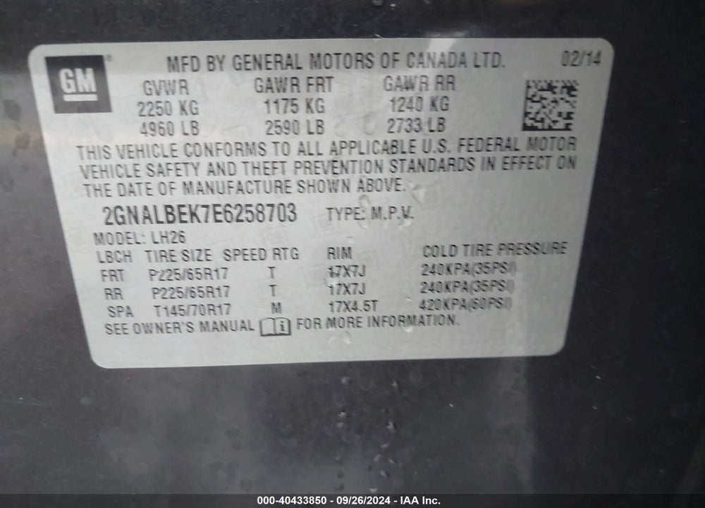 2014 CHEVROLET EQUINOX 1LT VIN: 2GNALBEK7E6258703