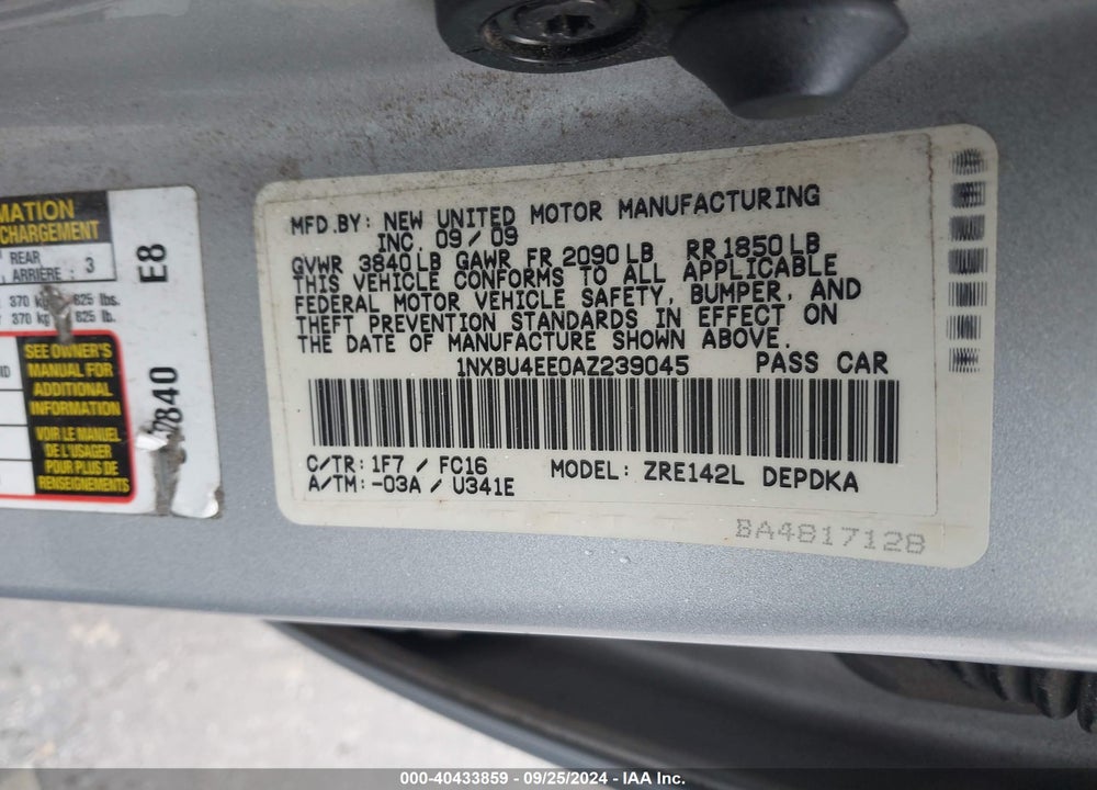 2010 TOYOTA COROLLA LE VIN: 1NXBU4EE0AZ239045