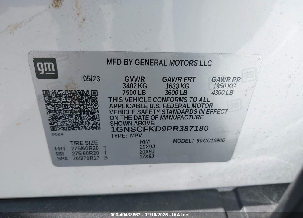 2023 CHEVROLET SUBURBAN 2WD PREMIER VIN: 1GNSCFKD9PR387180
