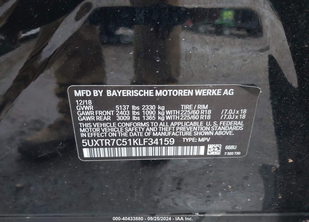 2019 BMW X3 SDRIVE30I VIN: 5UXTR7C51KLF34159