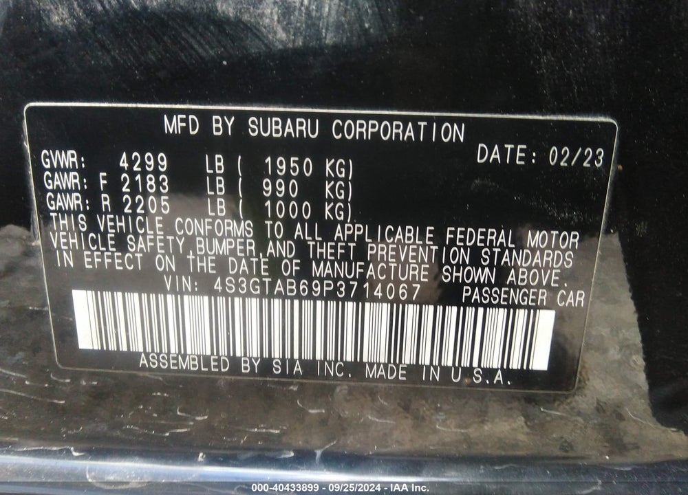2023 SUBARU IMPREZA BASE 5-DOOR VIN: 4S3GTAB69P3714067